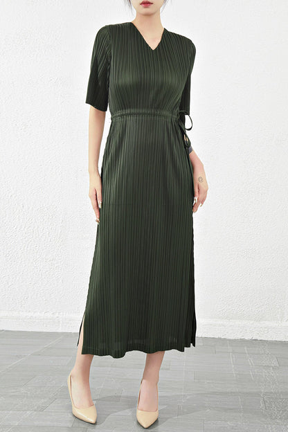 Pleats Please V-Neck Dress – Short-Sleeve Pleated Maxi, Loose Slimming Style