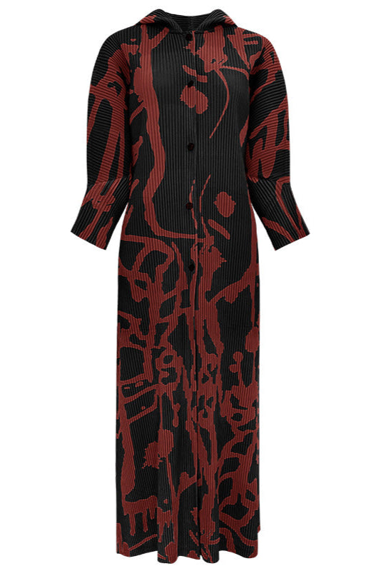 Pleated Printed Hooded Cloak Dress – Long Sleeve Single-Breasted Style