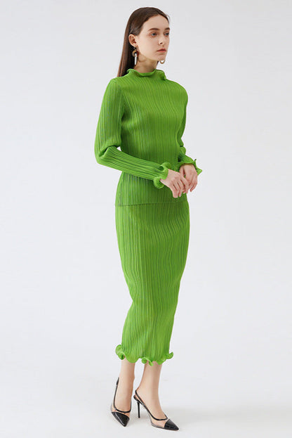 Pleats Please Green Skirt Suit – Fresh Pleated A-Line Two-Piece Set