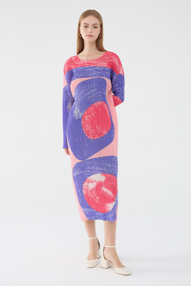 Pleated Vintage Circle Print Midi Dress – Slim Long Sleeve Round Neck