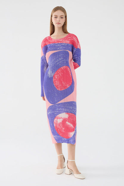 Pleated Vintage Circle Print Midi Dress – Slim Long Sleeve Round Neck