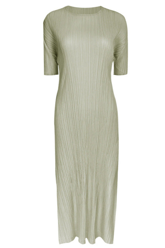 Solid Color Pleated A-Line Dress – Short Sleeve Slim Fit Midi