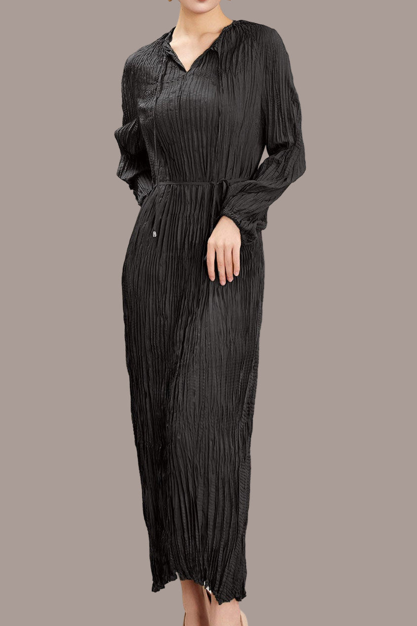 Pleats Please Irregular Pleated Dress – Long-Sleeve Cinched-Waist Elegant Style