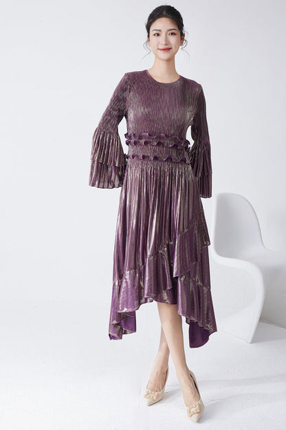 Pleats Please Flared Sleeve A-Line Dress – Irregular Hem Pleated Autumn Winter Style