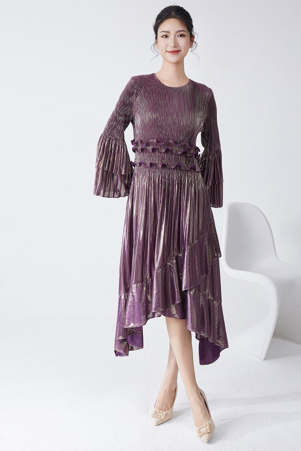 Pleats Please Flared Sleeve A-Line Dress – Irregular Hem Pleated Autumn Winter Style