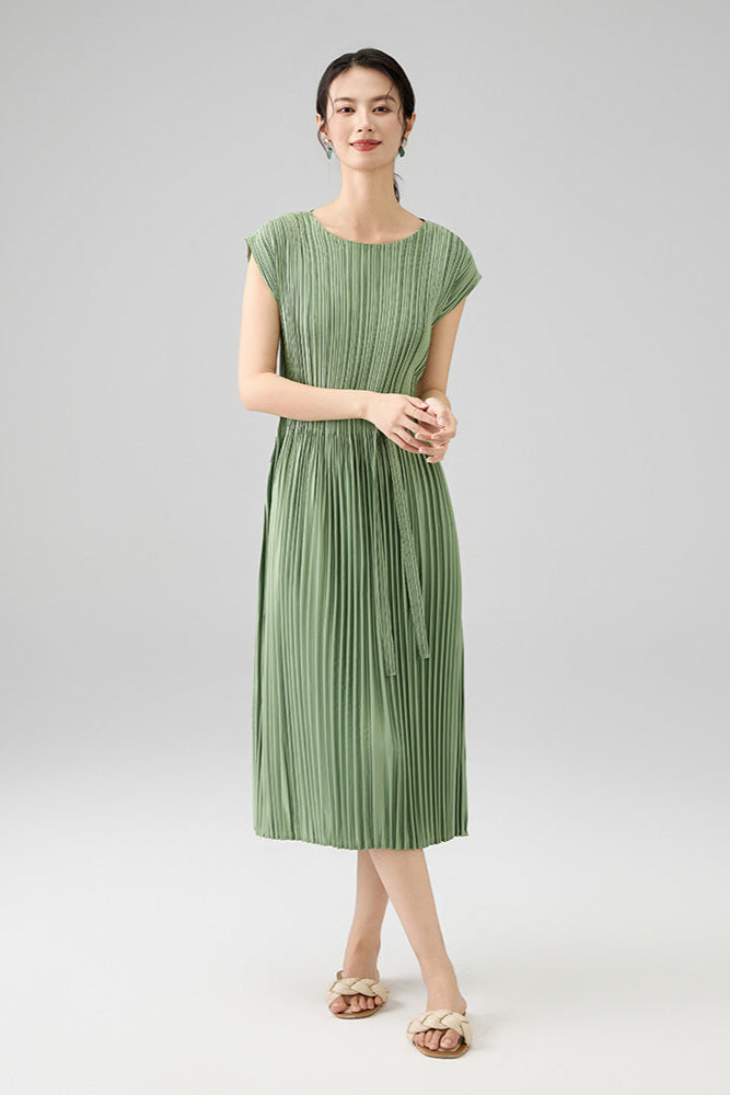 2025 Spring Summer Luxury Maxi Dress – Sleeveless Crew Neck, Lace-Up Waist, Elegant Loose Fit