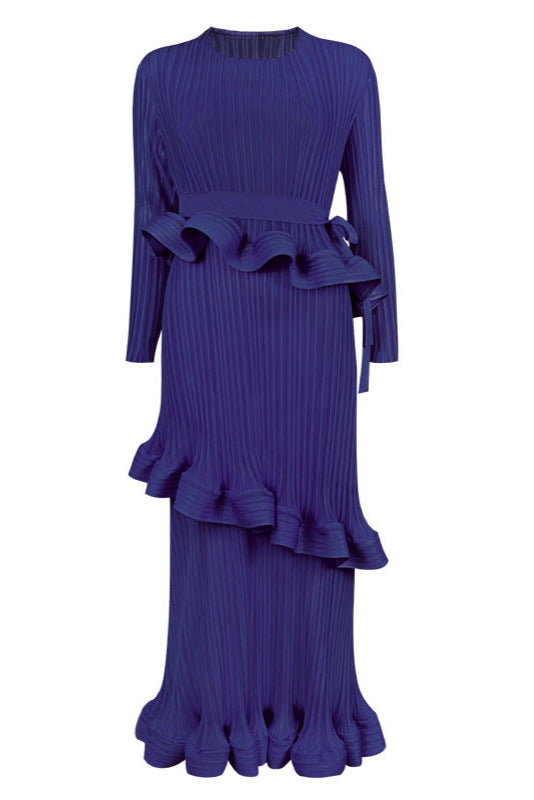 Pleated Ruffled Lace-Up Midi Dress – Slim Long Sleeve Women’s Style