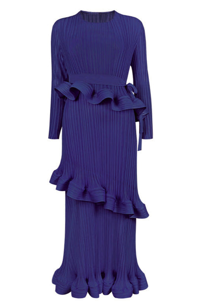 Pleated Ruffled Lace-Up Midi Dress – Slim Long Sleeve Women’s Style