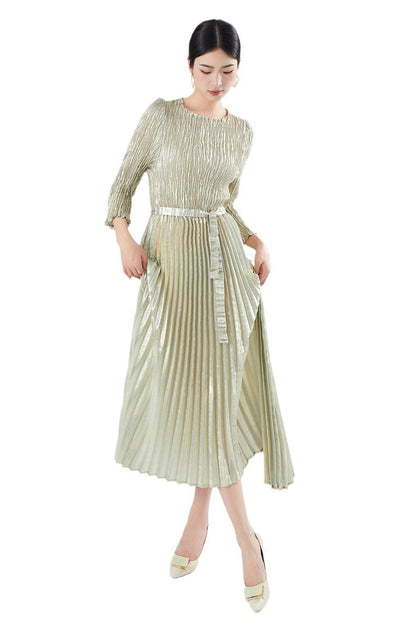 Pleats Please Irregular Bronzing Maxi Dress – Elegant Lace-Up Pleated Long Dress