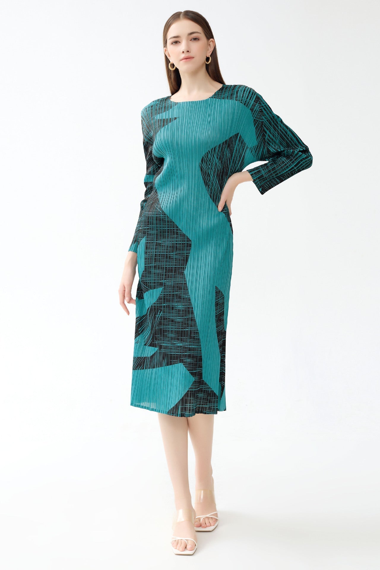 Pleated Gentle Print A-Line Dress – Slim Long Sleeve Elegant Style