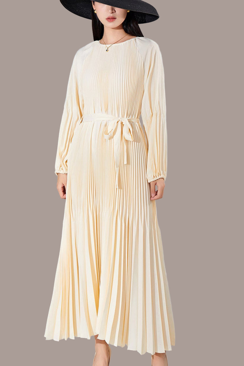 Pleats Please Solid Color Maxi Dress – Lace-Up Waist Elegant Pleated Long Dress