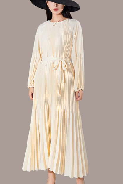 Pleats Please Solid Color Maxi Dress – Lace-Up Waist Elegant Pleated Long Dress