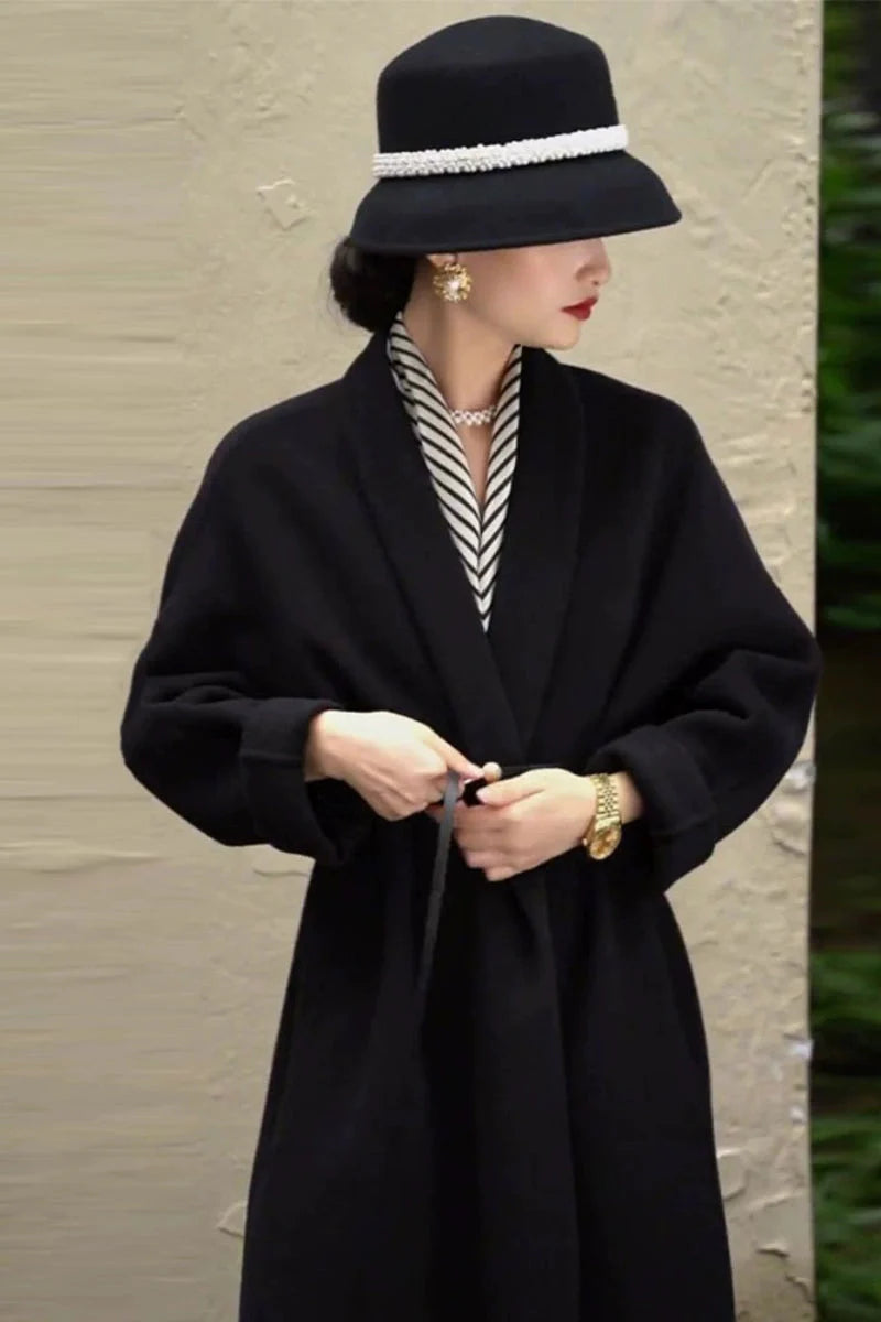 Black woolen coat jacket women's autumn and winter high-end Korean wear retro long Hepburn French waist European goods