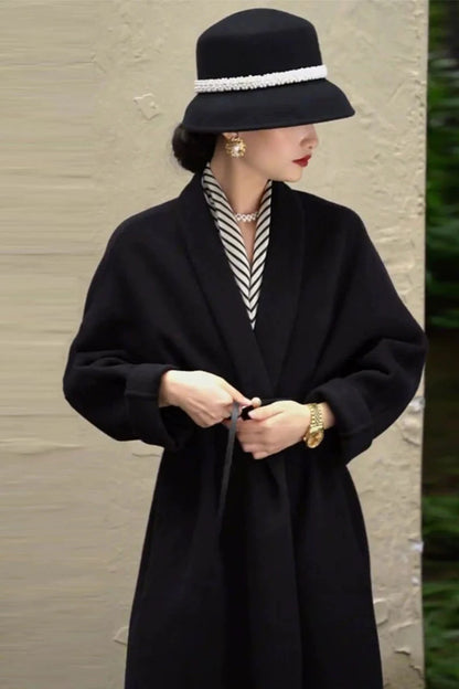 Black woolen coat jacket women's autumn and winter high-end Korean wear retro long Hepburn French waist European goods