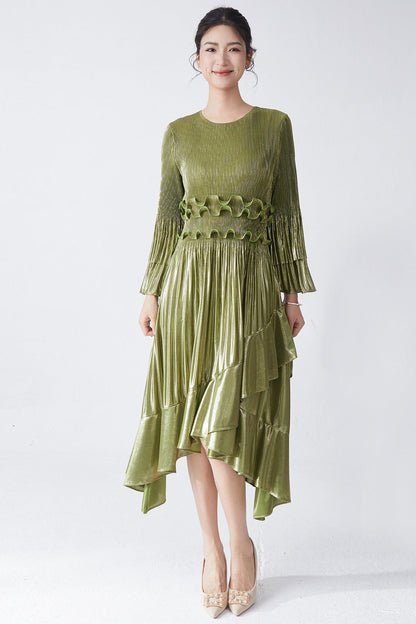 Pleats Please Flared Sleeve A-Line Dress – Irregular Hem Pleated Autumn Winter Style