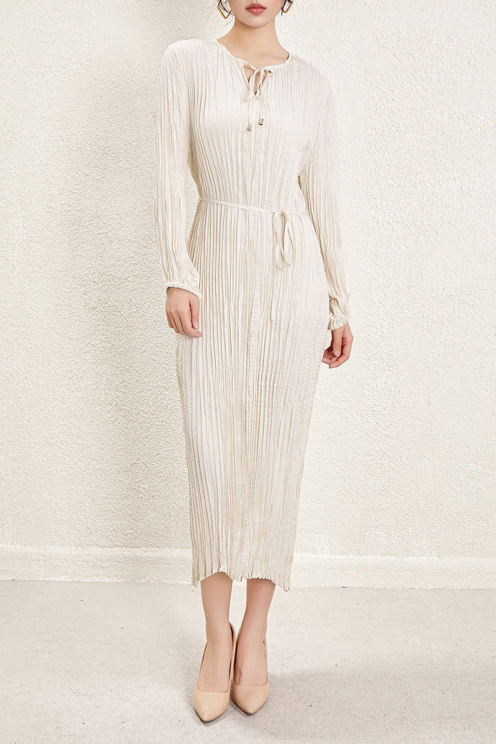 Pleats Please Irregular Pleated Dress – Long-Sleeve Cinched-Waist Elegant Style