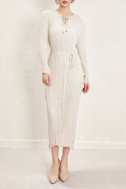 Pleats Please Irregular Pleated Dress – Long-Sleeve Cinched-Waist Elegant Style
