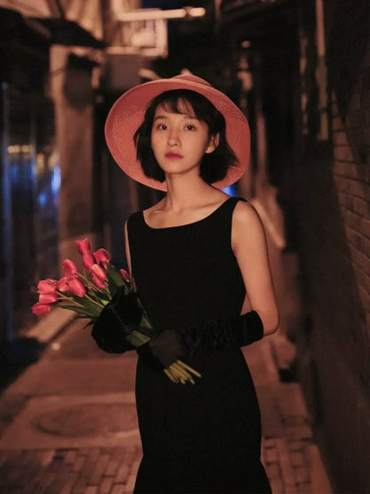 Audrey Hepburn Fashion Black Dress – Restored Classic, Exclusive High-End Custom “Breakfast at Tiffany’s” Sleeveless Little Black Dress with Ruffled Hem and Mermaid Silhouette