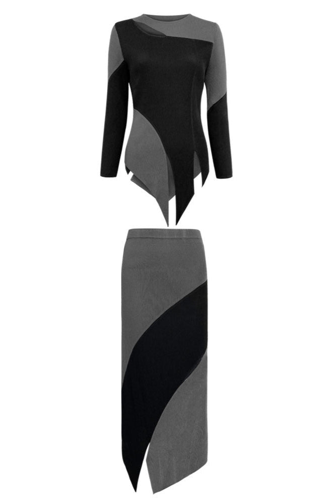 Personalized contrasting pleated suit women's spring new high-end long-sleeved slim top irregular skirt