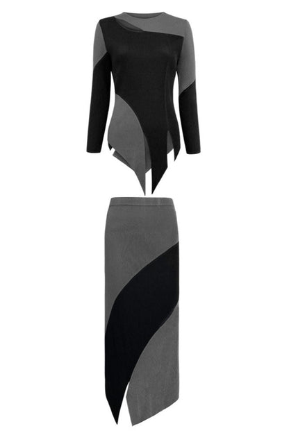 Personalized contrasting pleated suit women's spring new high-end long-sleeved slim top irregular skirt