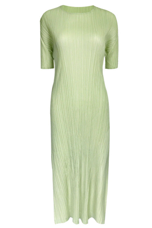 Solid Color Pleated A-Line Dress – Short Sleeve Slim Fit Midi