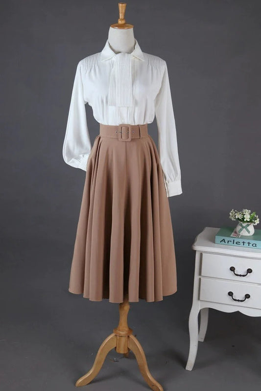 Audrey Hepburn Roman Holiday Retro 1:1 Dress Set – French Vintage White Blouse & 360° Full Flared Skirt Two-Piece Outfit