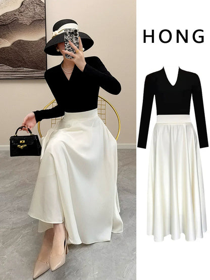 2025 Autumn French Audrey Hepburn Fashion  Acetate Satin Skirt Set – Elegant Long Two-Piece Set with Hat