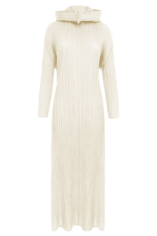 Pleated Hooded A-Line Dress – Solid Color Slim Long Sleeve Winter Style