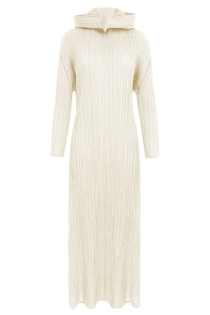 Pleated Hooded A-Line Dress – Solid Color Slim Long Sleeve Winter Style