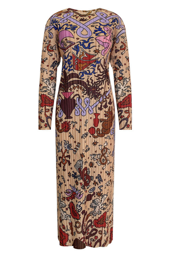 Pleated Printed Maxi Dress – Elegant Loose Long Sleeve Style