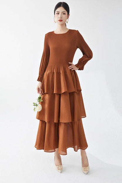 Pleats Please Long-Sleeve A-Line Dress – Elegant Layered Cake Pleated Maxi