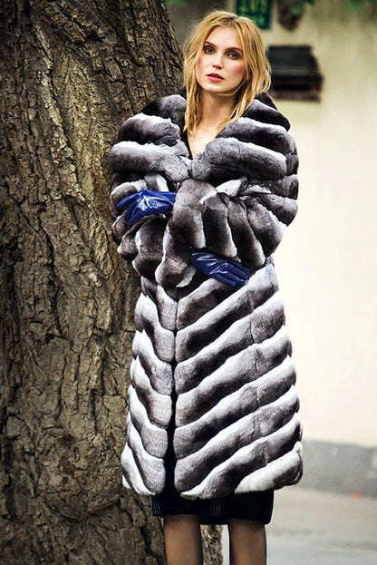 Luxury Chinchilla Fur Long Coat with Lapel