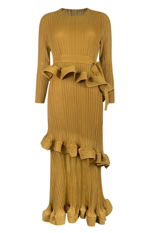 Pleated Ruffled Lace-Up Midi Dress – Slim Long Sleeve Women’s Style