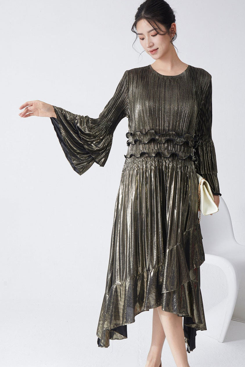 Pleats Please Flared Sleeve A-Line Dress – Irregular Hem Pleated Autumn Winter Style