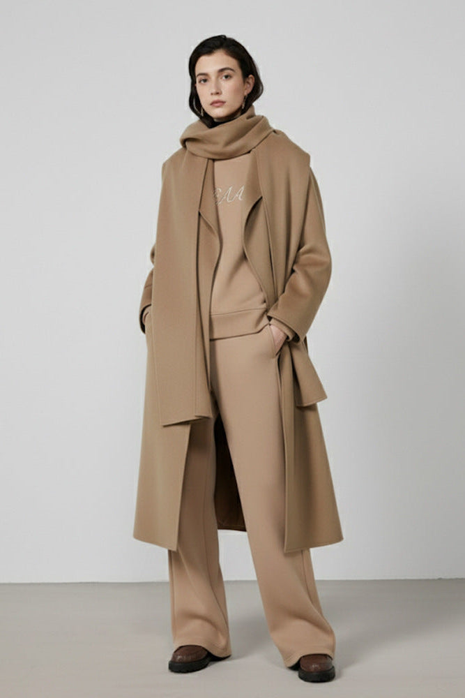 Max Mara Style Reversible Wool Wrap Coat with Scarf Collar – Elegant Mid-Length Bathrobe Design