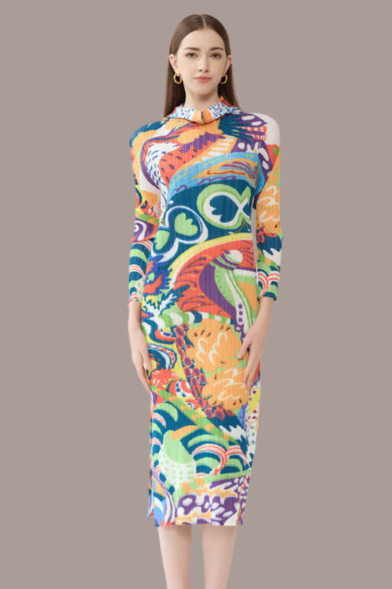 2025 New Spring Pleated Long Sleeve Casual Style Midi Skirt with Graffiti Colorful Slim Hooded Dress
