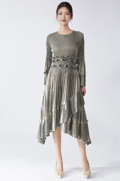 Pleats Please Flared Sleeve A-Line Dress – Irregular Hem Pleated Autumn Winter Style