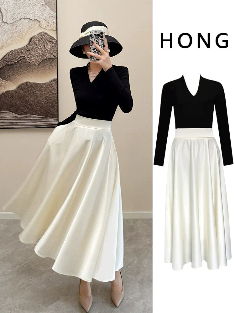 2025 Autumn French Audrey Hepburn Fashion  Acetate Satin Skirt Set – Elegant Long Two-Piece Set with Hat