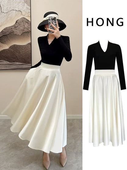 2025 Autumn French Audrey Hepburn Fashion  Acetate Satin Skirt Set – Elegant Long Two-Piece Set with Hat