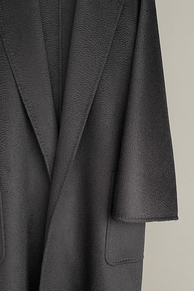 Max Mara Style Wool Wrap Drape Coat – Reversible Water-Ripple Cashmere Design