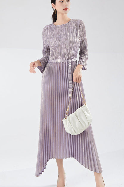 Pleats Please Irregular Bronzing Maxi Dress – Elegant Lace-Up Pleated Long Dress