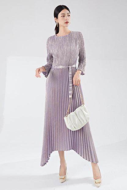 Pleats Please Irregular Bronzing Maxi Dress – Elegant Lace-Up Pleated Long Dress