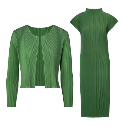 2025 Pre-Autumn Pleated Cheongsam Dress with Short Jacket – Retro Semi-High Neck, Elegant Two-Piece Style