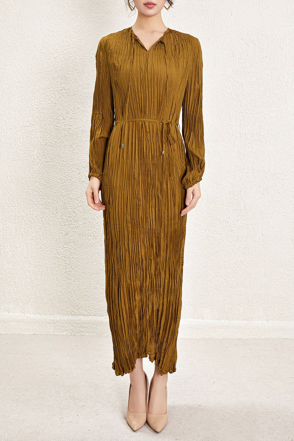 Pleats Please Irregular Pleated Dress – Long-Sleeve Cinched-Waist Elegant Style