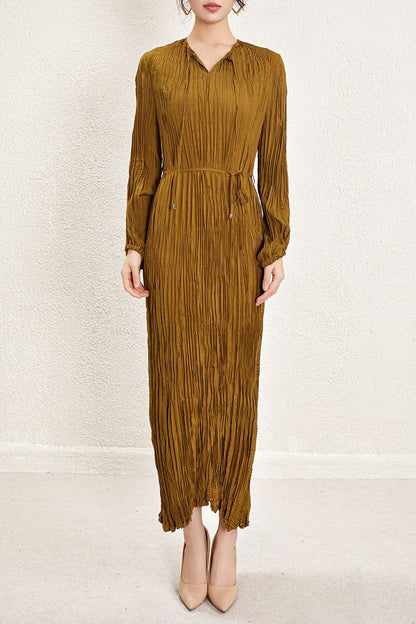 Pleats Please Irregular Pleated Dress – Long-Sleeve Cinched-Waist Elegant Style