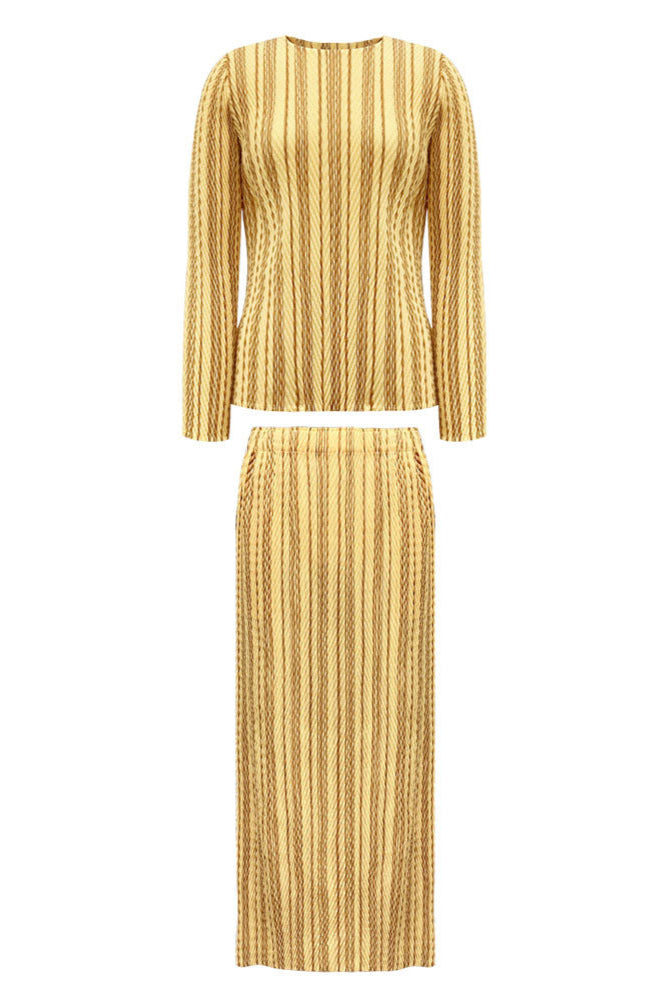 Pleated Striped Top and Slim Skirt Set – Elegant Two-Piece Women’s Outfit