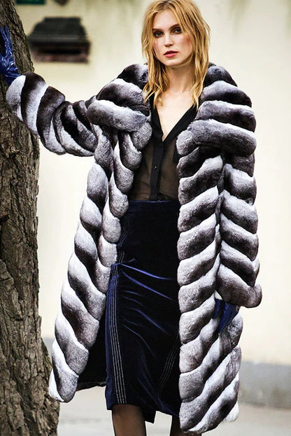 Luxury Chinchilla Fur Long Coat with Lapel