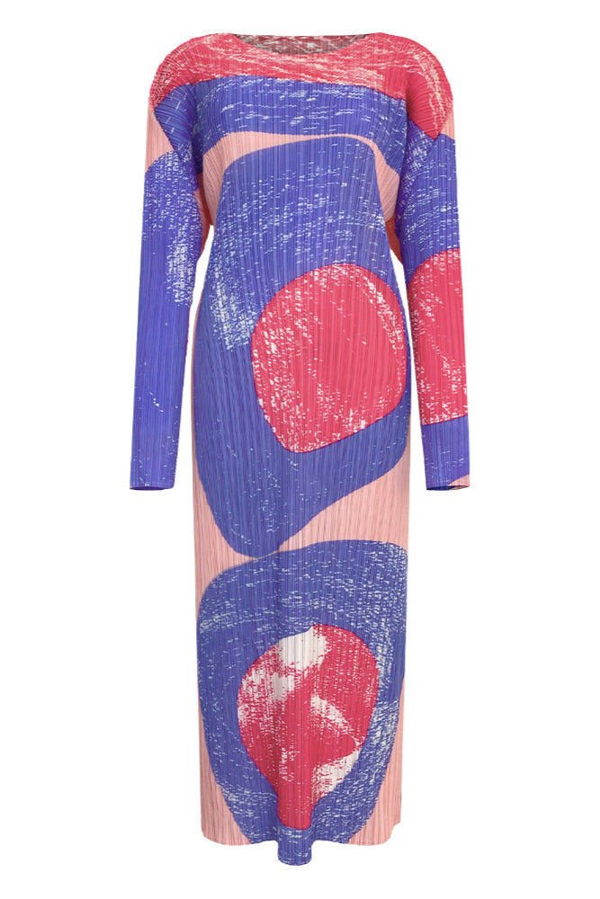 Pleated Vintage Circle Print Midi Dress – Slim Long Sleeve Round Neck