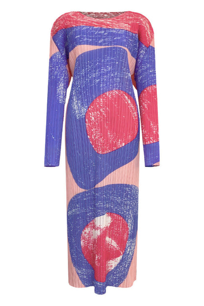 Pleated Vintage Circle Print Midi Dress – Slim Long Sleeve Round Neck