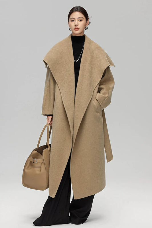 Max Mara Style Double-Face Cashmere Wool Wrap Coat – Elegant Belted Long Coat for Women